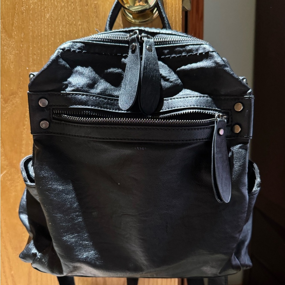 Black Imitation Leather Backpack